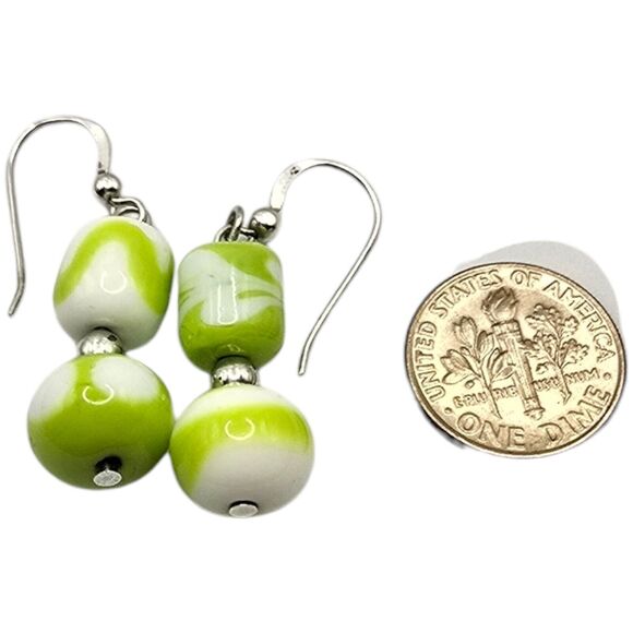 Artisan Pierced Glass Beaded Earrings Sterling Silver Green & White Geometric - Picture 6 of 6